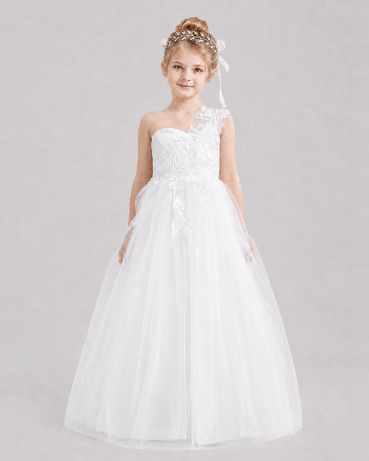 White Tulle One-Shoulder Flower Girl Dress Front View