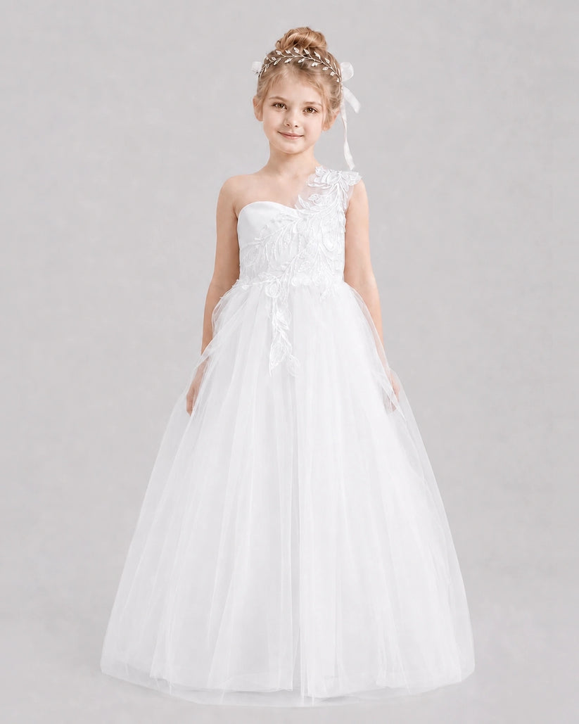 White Tulle One-Shoulder Flower Girl Dress Front View