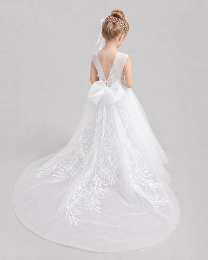 Dideyttawl Tulle One Shoulder Flower Girl Dress with Train