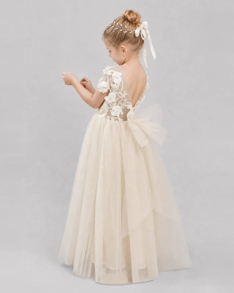 Champagne Tulle A-line Flower Girl Dress Back View