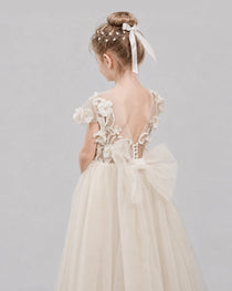 Champagne Flower Girl Dresses 3D Floral Lace Bow Back Tulle Floor-Length Gown Detail View