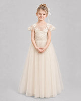 Champagne Tulle A-line Flower Girl Dress Front View