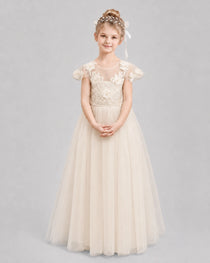 Champagne Flower Girl Dresses 3D Floral Lace Bow Back Tulle Floor-Length Gown Front View
