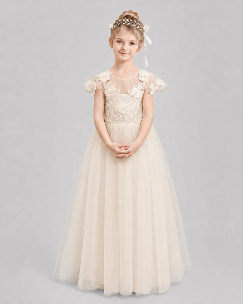 Champagne Tulle A-line Flower Girl Dress Front View
