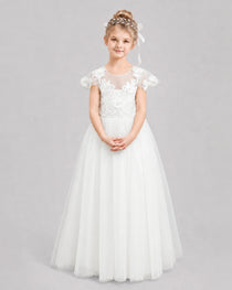 Ivory Flower Girl Dresses 3D Floral Lace Bow Back Tulle Floor-Length Gown Front View