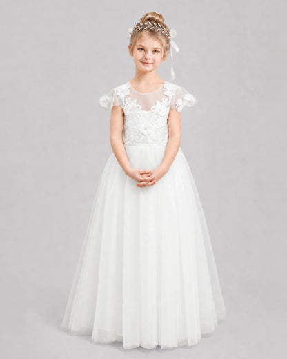 Ivory Flower Girl Dresses 3D Floral Lace Bow Back Tulle Floor-Length Gown Front View