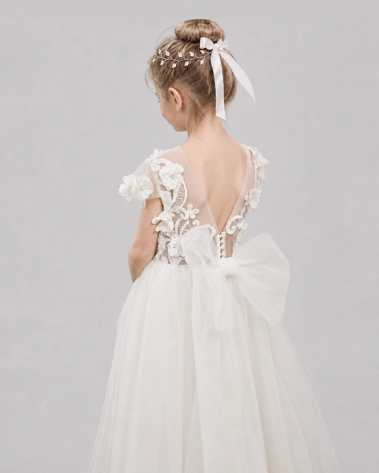 Ivory Flower Girl Dresses 3D Floral Lace Bow Back Tulle Floor-Length Gown Detail View