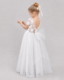 White Flower Girl Dresses 3D Floral Lace Bow Back Tulle Floor-Length Gown Back View