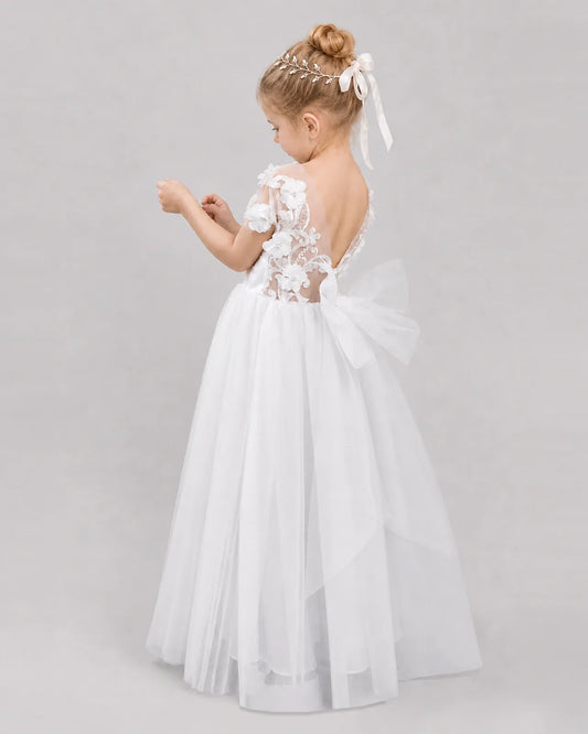 White Tulle A-line Flower Girl Dress Back View
