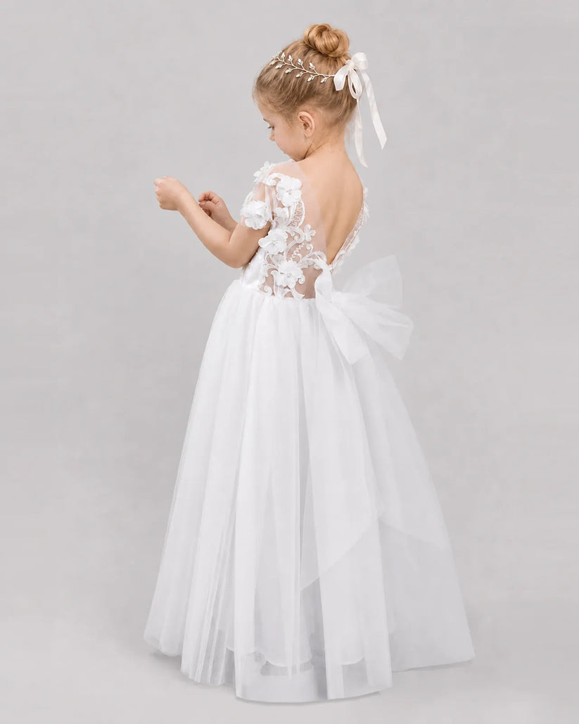 White Tulle A-line Flower Girl Dress Back View