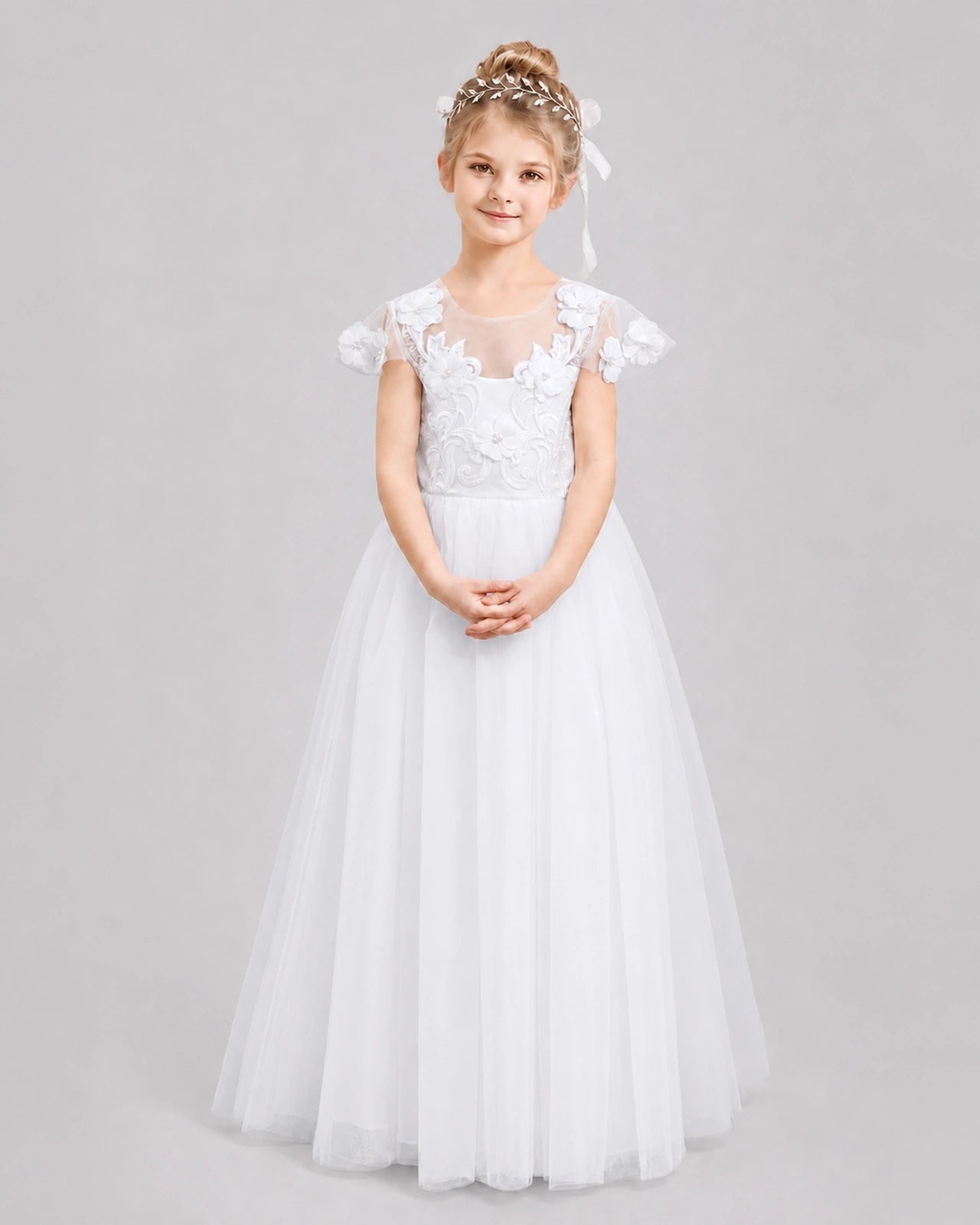 White Flower Girl Dresses 3D Floral Lace Bow Back Tulle Floor-Length Gown Front View