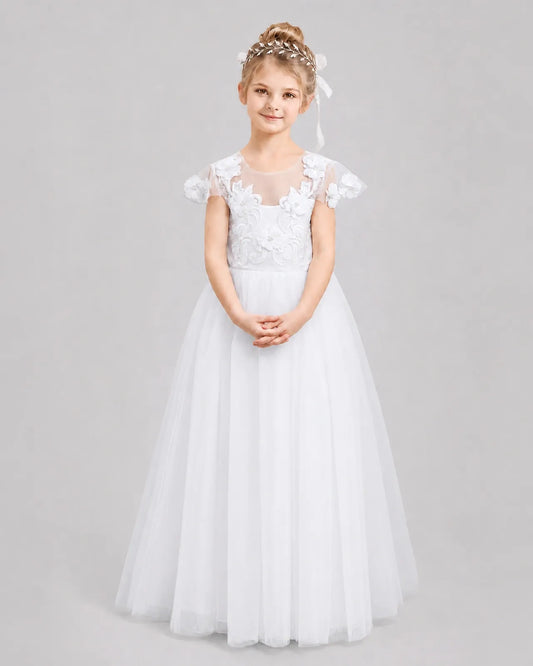 White Tulle A-line Flower Girl Dress Front View