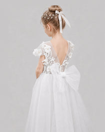 White Flower Girl Dresses 3D Floral Lace Bow Back Tulle Floor-Length Gown Detail View