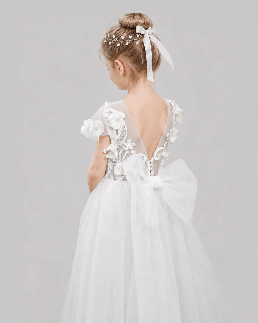 White Tulle A-line Flower Girl Dress Back View