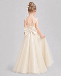 Champagne Flower Girl Dresses 3D Floral Lace Bow Back Satin Sweep Train Gown Back View