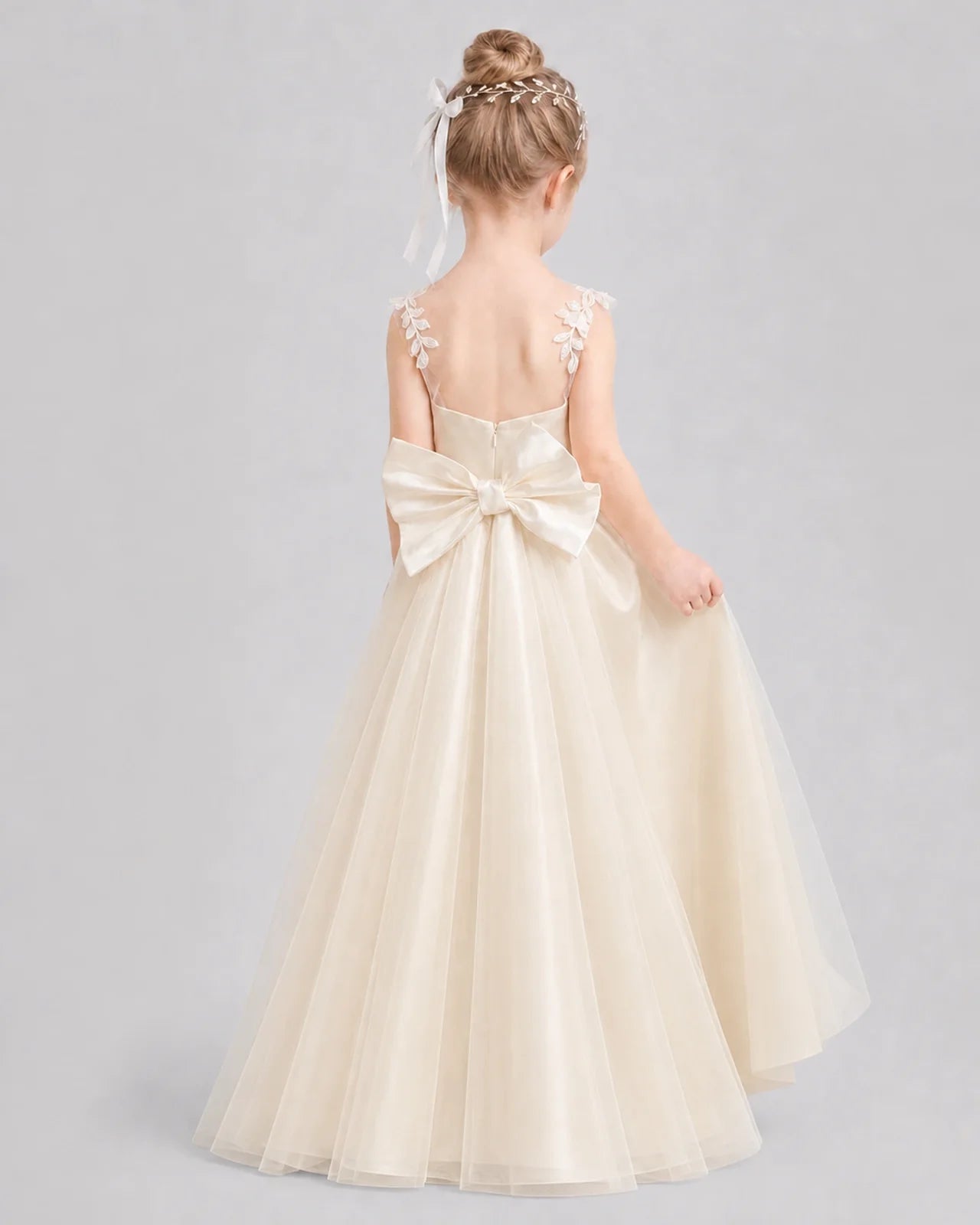 Champagne Flower Girl Dresses 3D Floral Lace Bow Back Satin Sweep Train Gown Back View
