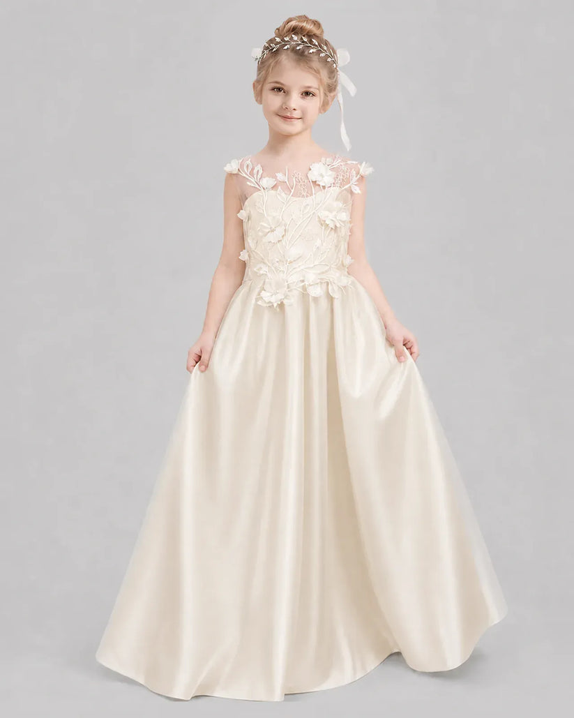 Champagne Satin A-line Flower Girl Dress Front View
