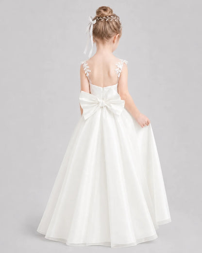 Ivory Flower Girl Dresses 3D Floral Lace Bow Back Satin Sweep Train Gown Back View