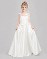 Ivory Satin A-line Flower Girl Dress Front View