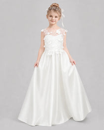 Ivory Flower Girl Dresses 3D Floral Lace Bow Back Satin Sweep Train Gown Front View