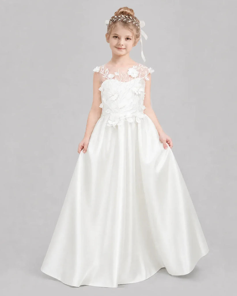 Ivory Satin A-line Flower Girl Dress Front View