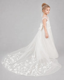 Ivory Flower Girl Dresses 3D Floral Lace Bow Back Satin Sweep Train Gown Side View