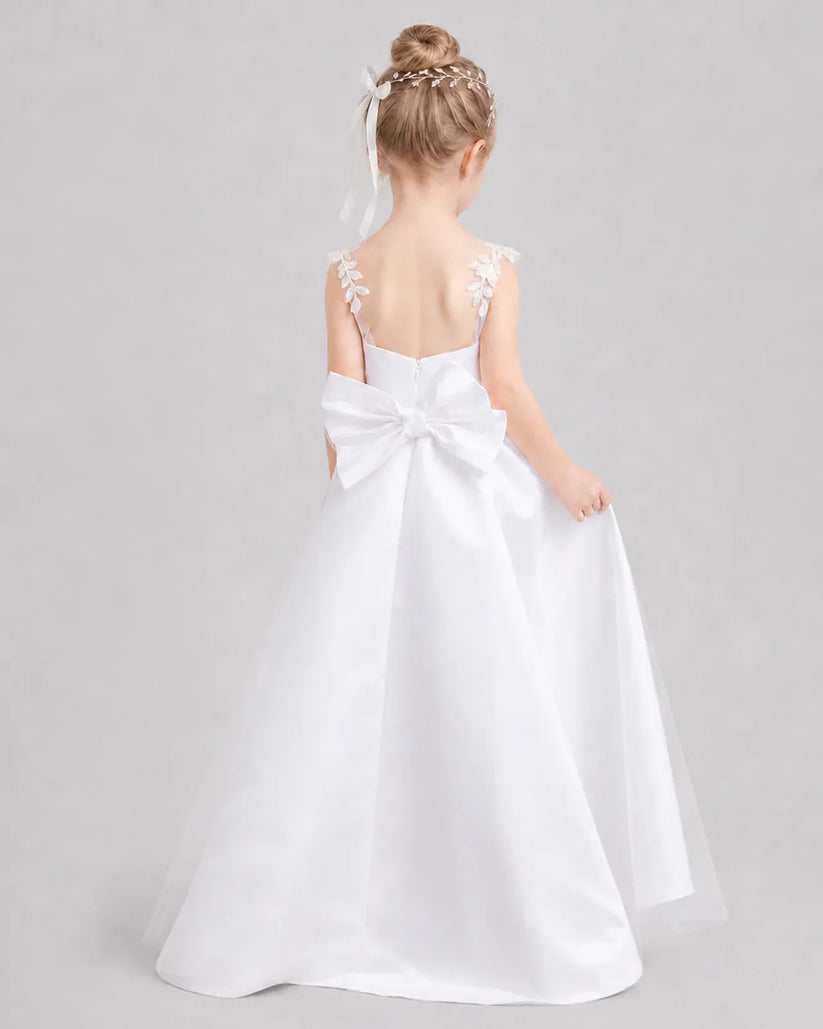 White Satin A-line Flower Girl Dress Back View