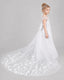 White Flower Girl Dresses 3D Floral Lace Bow Back Satin Sweep Train Gown Side View
