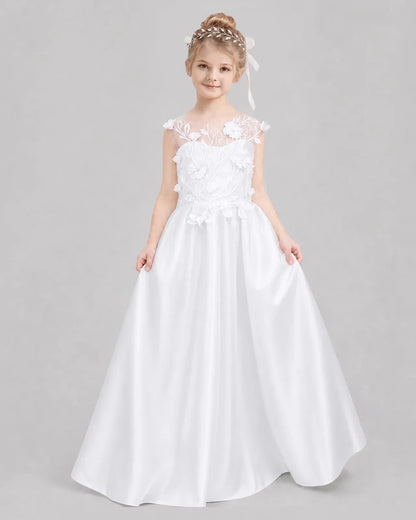 White Flower Girl Dresses 3D Floral Lace Bow Back Satin Sweep Train Gown Front View