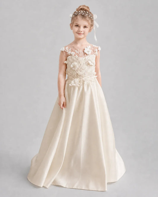 Champagne Satin A-line Flower Girl Dress Front View