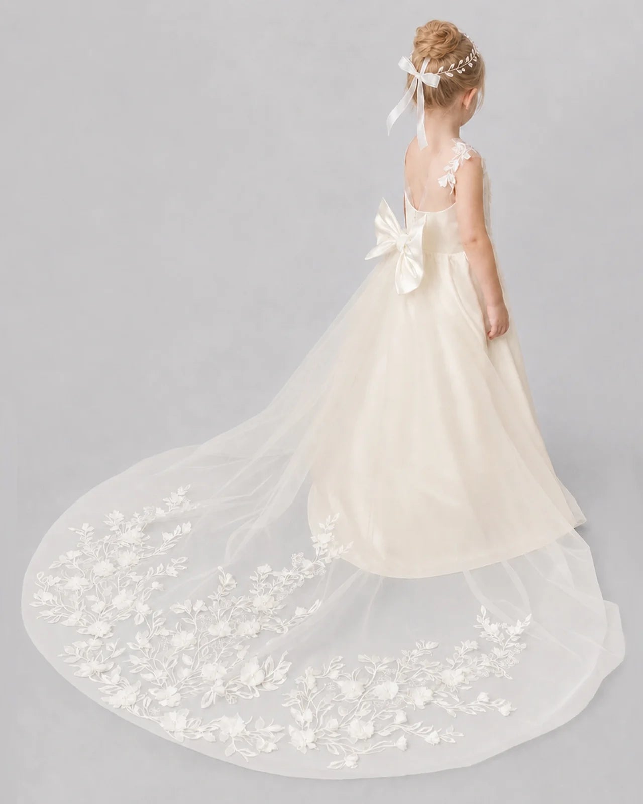 Champagne Flower Girl Dresses 3D Floral Lace Bow Back Satin Sweep Train Gown Back View