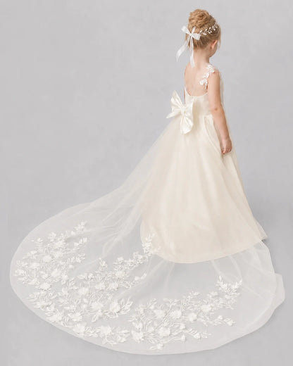 Champagne Flower Girl Dresses 3D Floral Lace Bow Back Satin Sweep Train Gown Back View