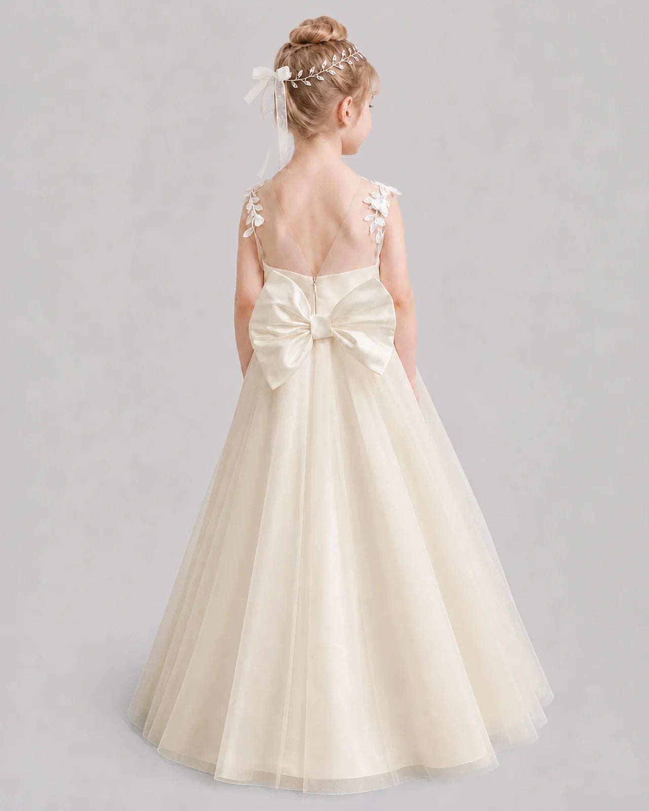 Champagne Flower Girl Dresses 3D Floral Lace Bow Back Satin Sweep Train Gown Back View