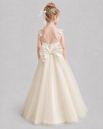 Champagne Flower Girl Dresses 3D Floral Lace Bow Back Satin Sweep Train Gown Back View