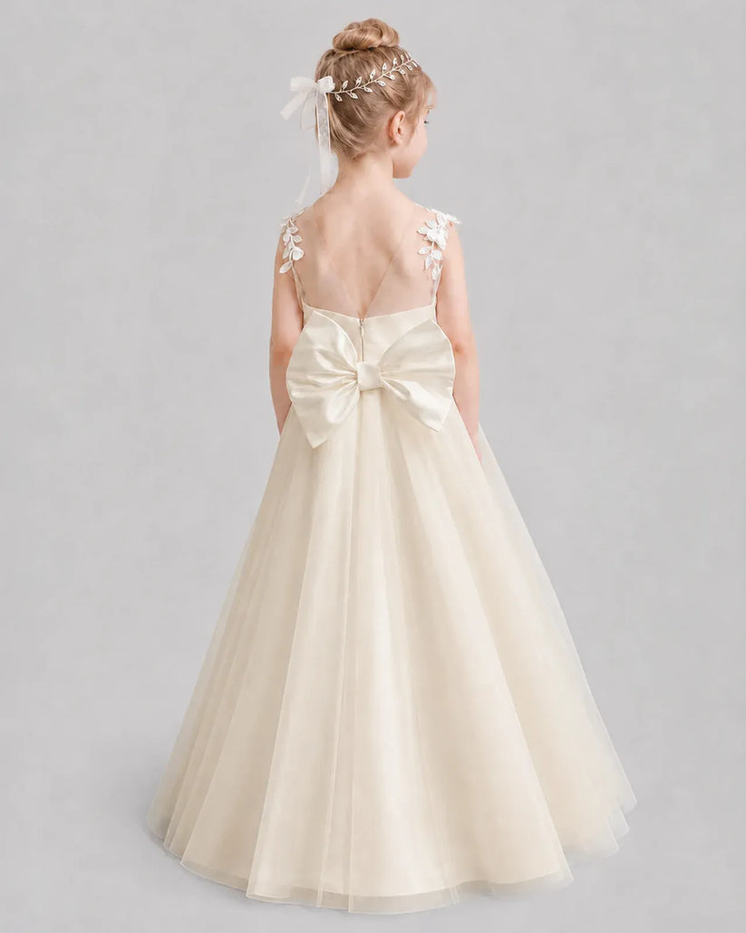 Champagne Tulle A-line Flower Girl Dress Back View