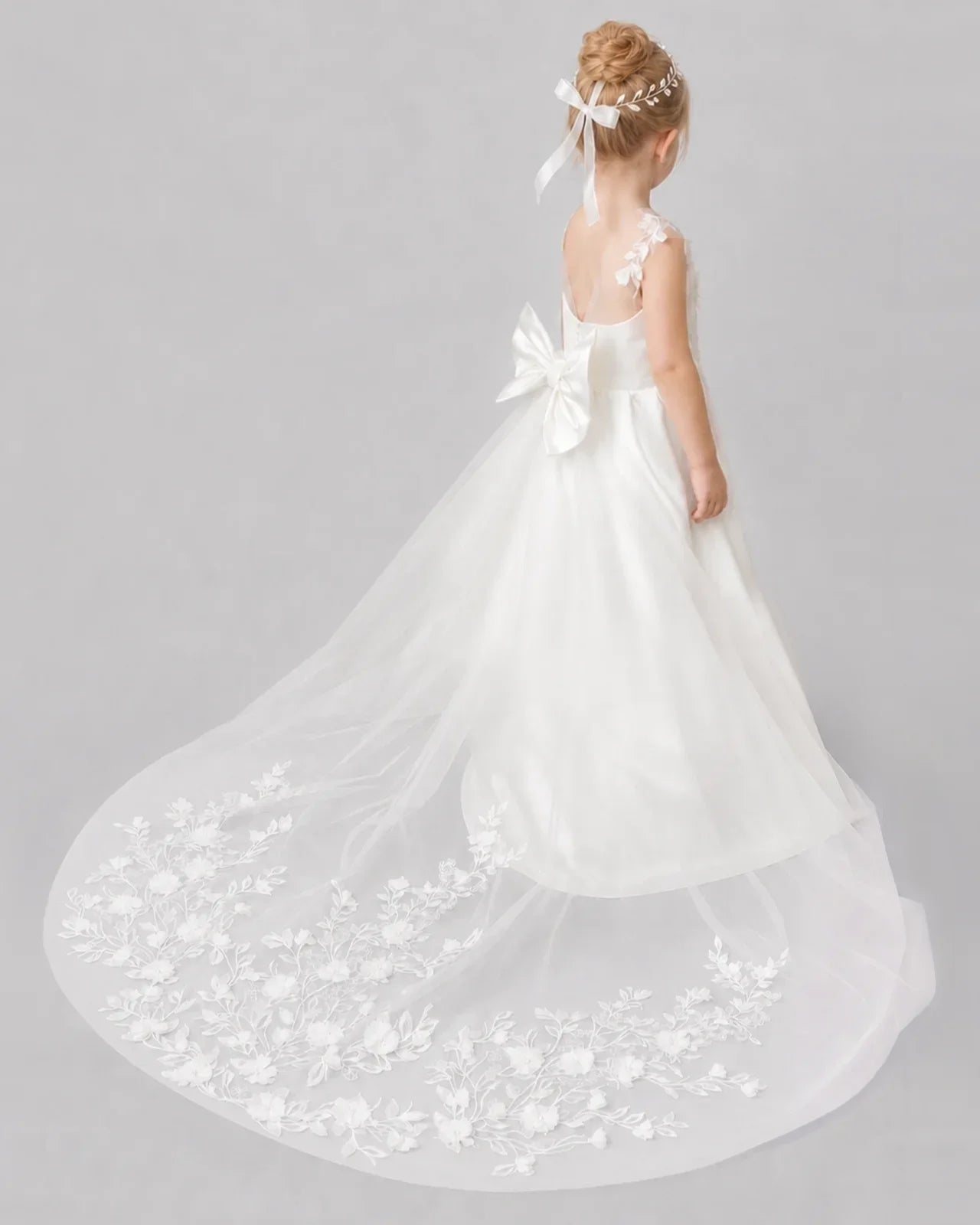 Ivory Flower Girl Dresses 3D Floral Lace Bow Back Satin Sweep Train Gown Back View