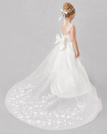 Ivory Flower Girl Dresses 3D Floral Lace Bow Back Satin Sweep Train Gown Back View