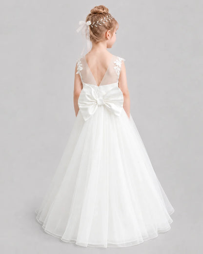 Ivory Flower Girl Dresses 3D Floral Lace Bow Back Satin Sweep Train Gown Back View