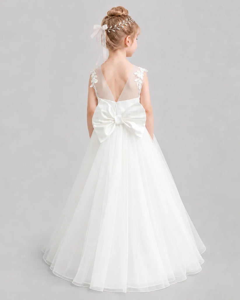 Ivory Tulle A-line Flower Girl Dress Back View
