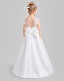 White Flower Girl Dresses 3D Floral Lace Bow Back Satin Sweep Train Gown Back View