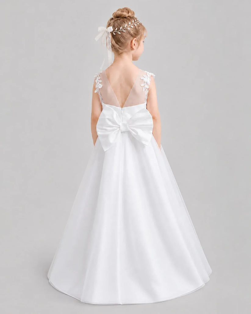 White Tulle A-line Flower Girl Dress Back View