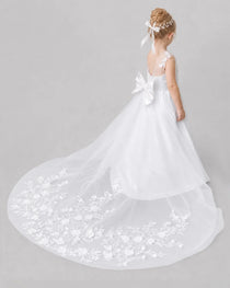 White Flower Girl Dresses 3D Floral Lace Bow Back Satin Sweep Train Gown Back View