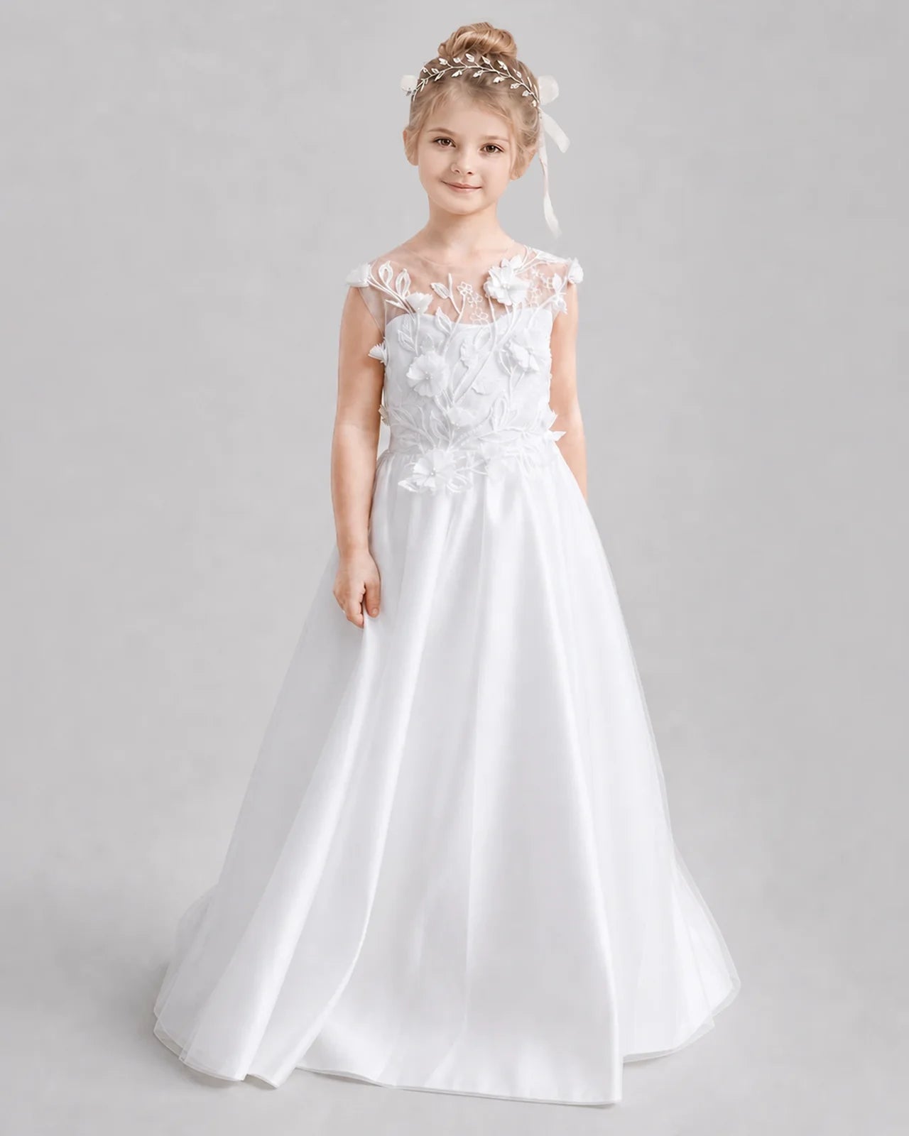 White Flower Girl Dresses 3D Floral Lace Bow Back Satin Sweep Train Gown Front View