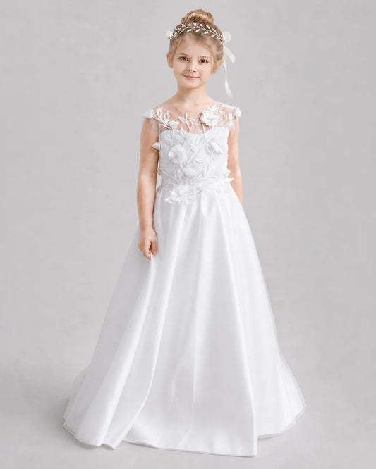 White Tulle A-line Flower Girl Dress Front View