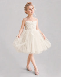 Champagne Flower Girl Dresses Illusion Neck Bow Back Tulle Knee-Length Dress Front View