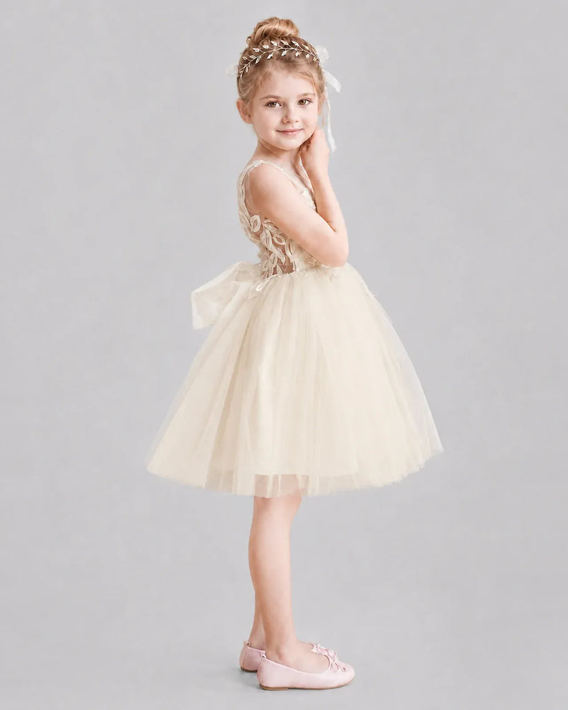 Champagne Tulle A-line Flower Girl Dress Side View
