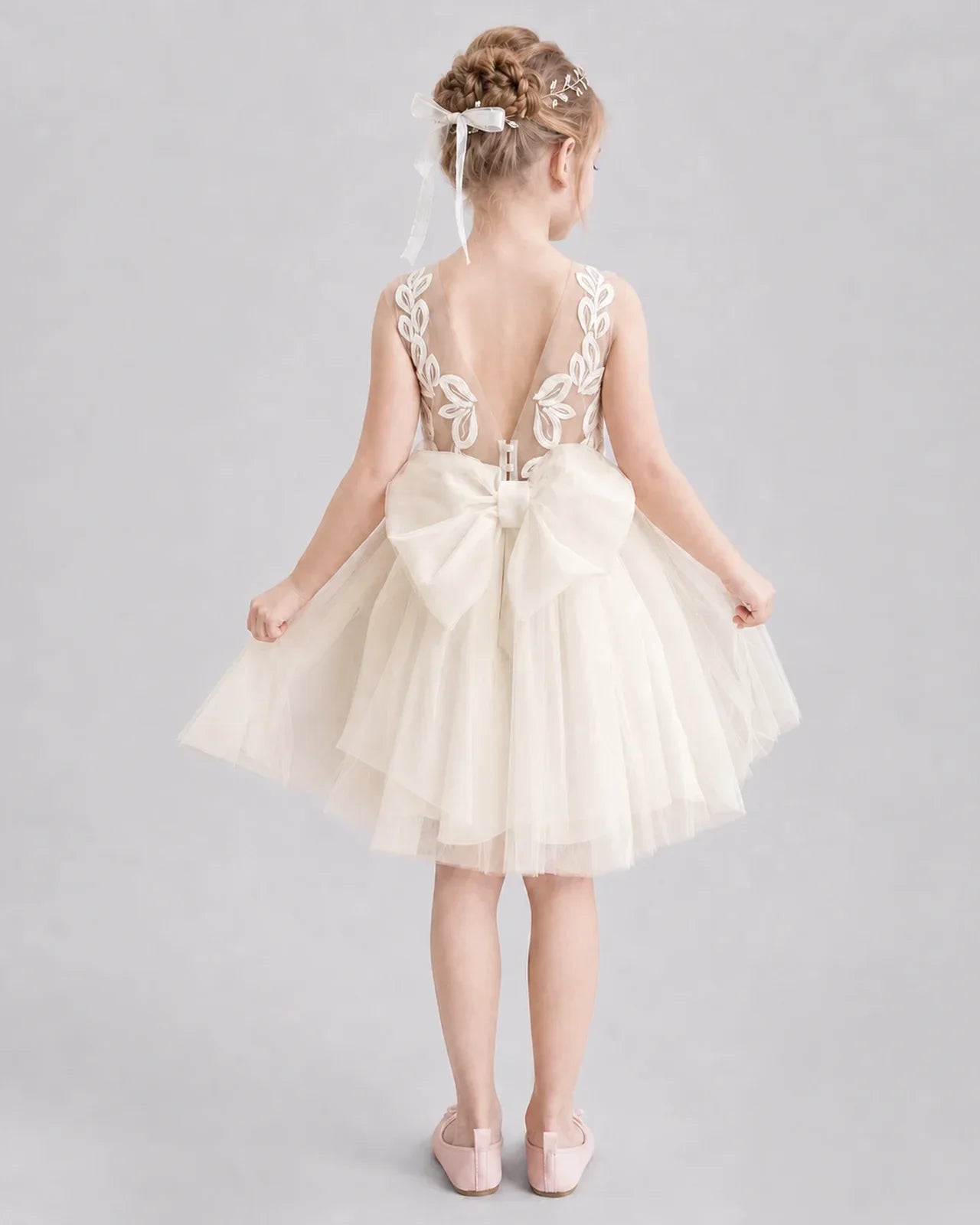 Champagne Flower Girl Dresses Illusion Neck Bow Back Tulle Knee-Length Dress Back View