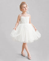 Ivory Tulle A-line Flower Girl Dress Front View