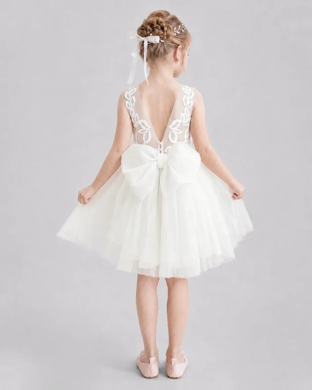Ivory Flower Girl Dresses Illusion Neck Bow Back Tulle Knee-Length Dress Back View