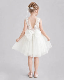 Ivory Flower Girl Dresses Illusion Neck Bow Back Tulle Knee-Length Dress Back View
